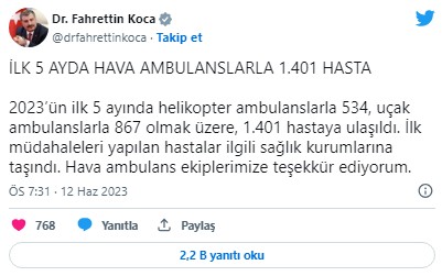 Bakan Koca açıkladı: 'Yılın 5 ayında 1401 hasta hava yoluyla hastanelere taşındı'